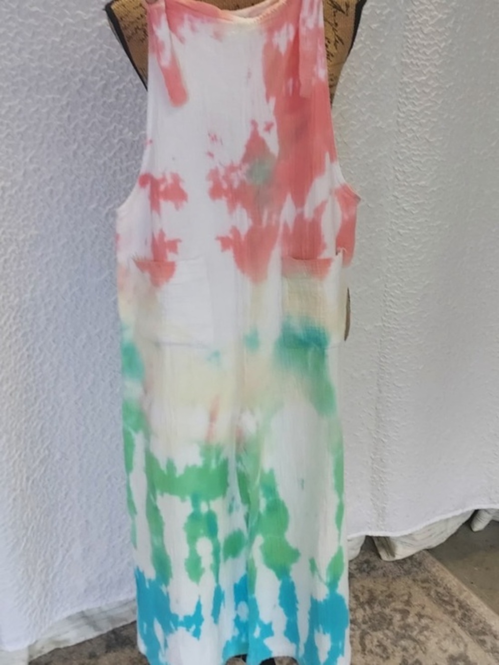 Dreamers Pastel Tie-Dye Sleeveless Overalls in Coral, Mint & Teal
